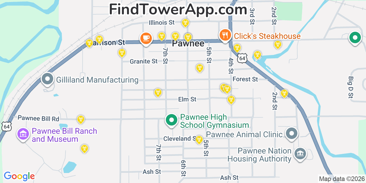 Map showing the 20 primary cell tower locations detected in Pawnee, Oklahoma from AT&T, Verizon, and T-Mobile networks
