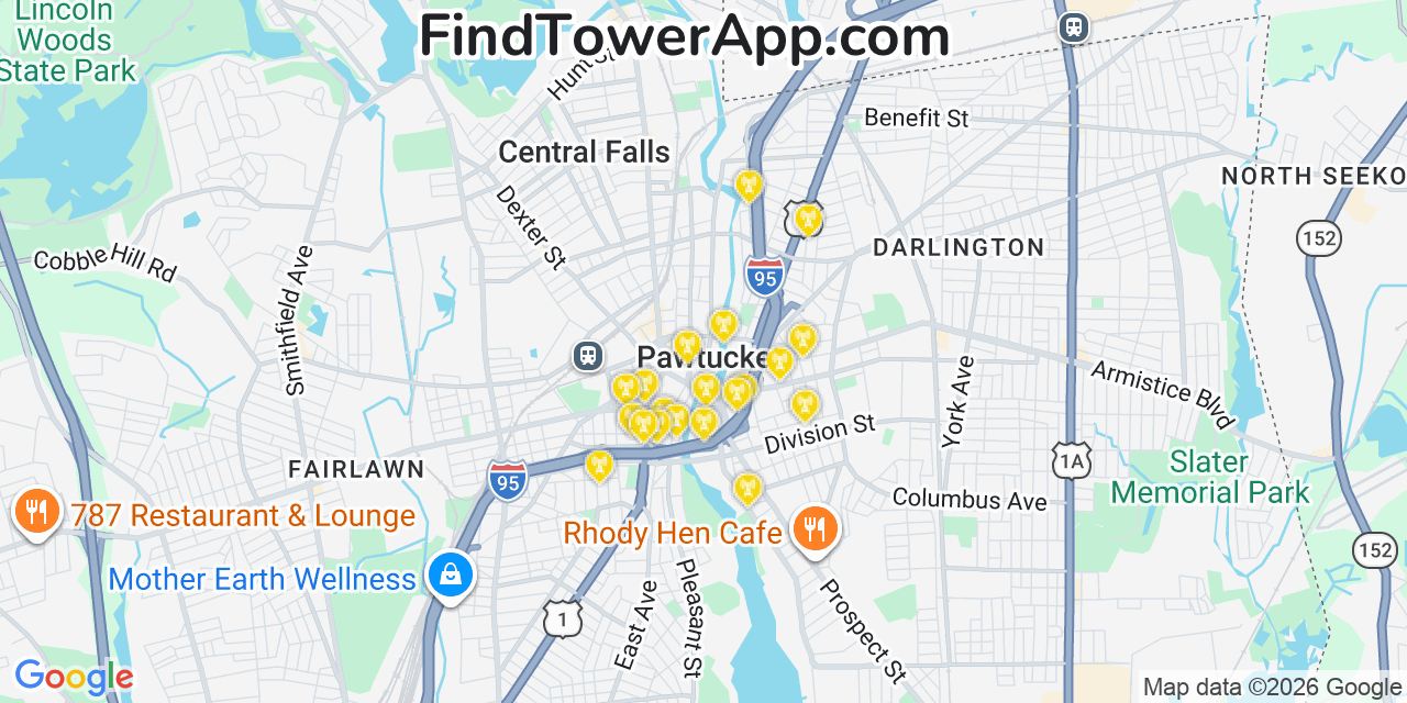 Map showing the 20 primary cell tower locations detected in Pawtucket, Rhode Island from AT&T, Verizon, and T-Mobile networks