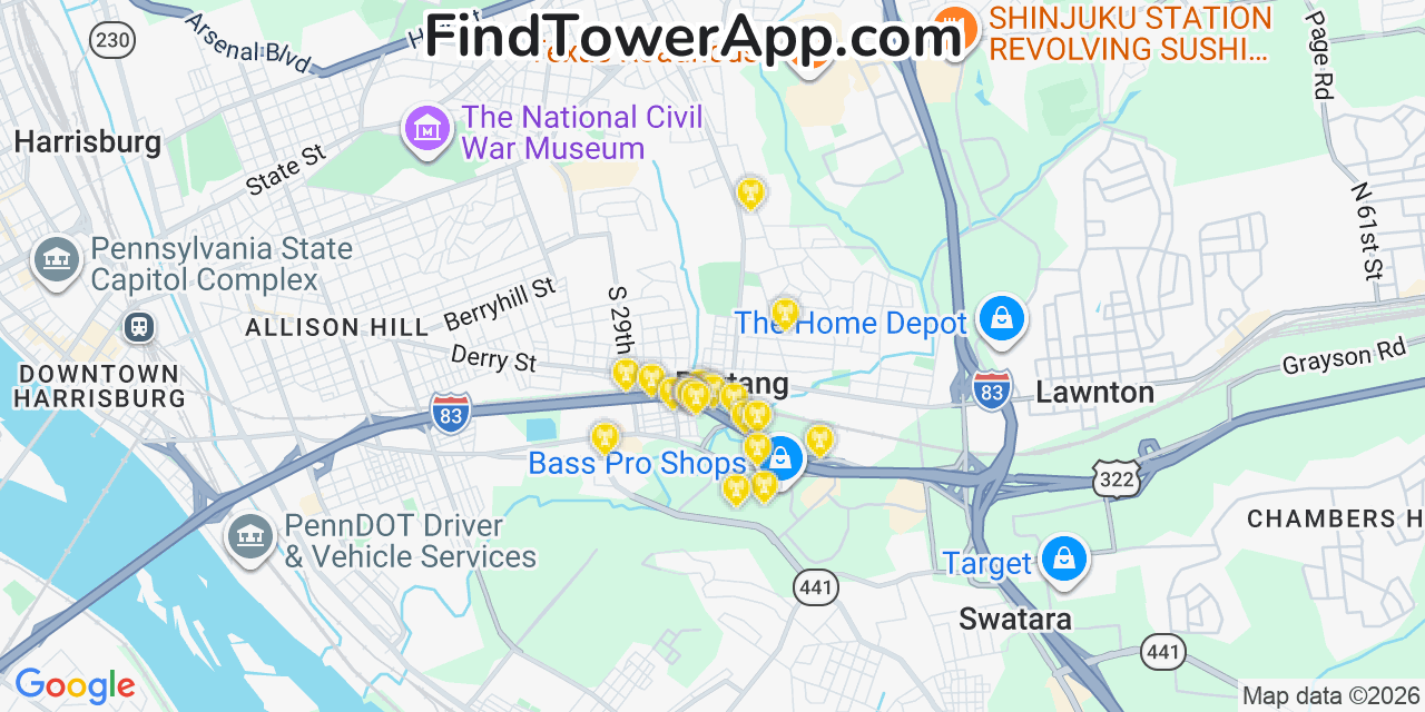 Map showing the 20 primary cell tower locations detected in Paxtang, Pennsylvania from AT&T, Verizon, and T-Mobile networks