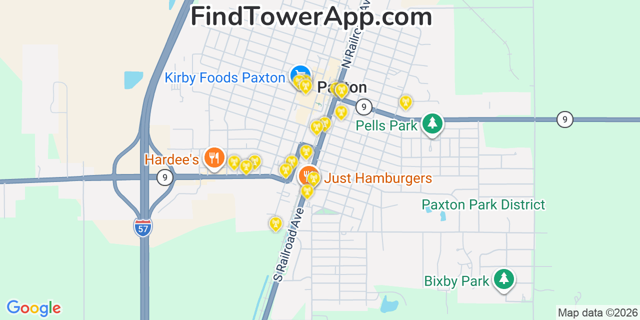 Map showing the 20 primary cell tower locations detected in Paxton, Illinois from AT&T, Verizon, and T-Mobile networks