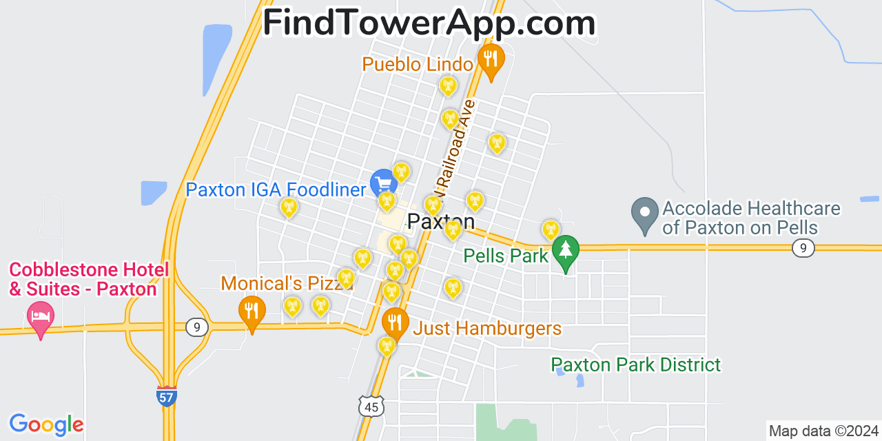 Verizon 4G/5G cell tower coverage map Paxton, Illinois