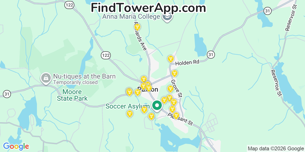 Map showing the 20 primary cell tower locations detected in Paxton, Massachusetts from AT&T, Verizon, and T-Mobile networks