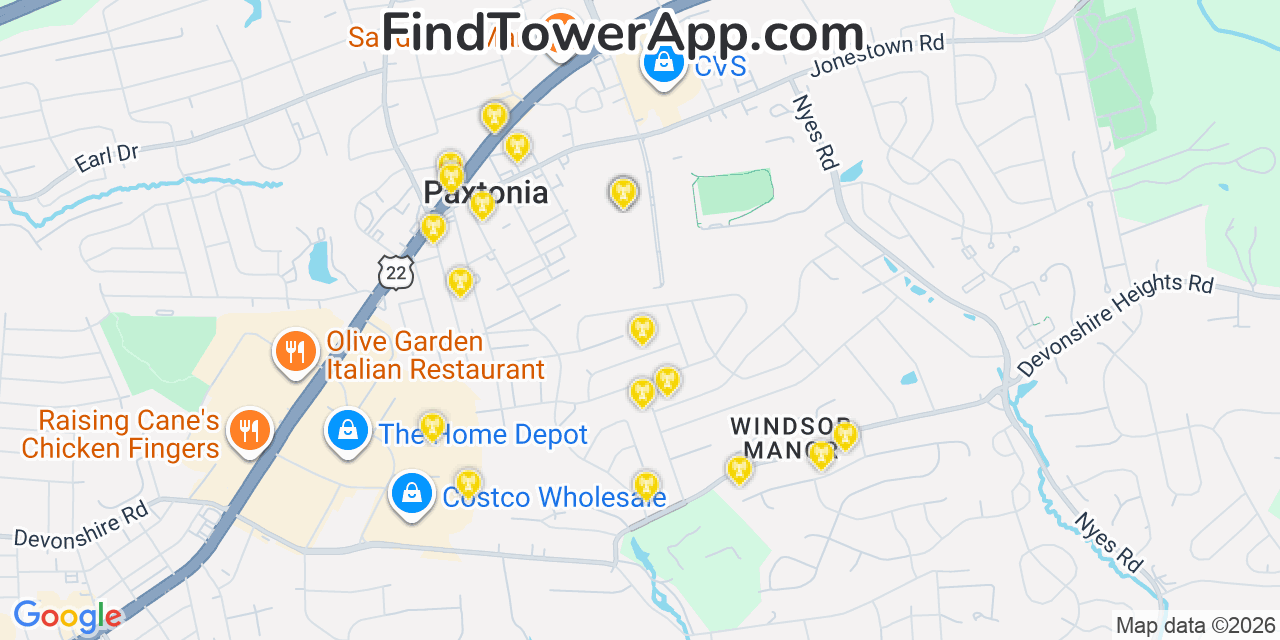 Map showing the 20 primary cell tower locations detected in Paxtonia, Pennsylvania from AT&T, Verizon, and T-Mobile networks
