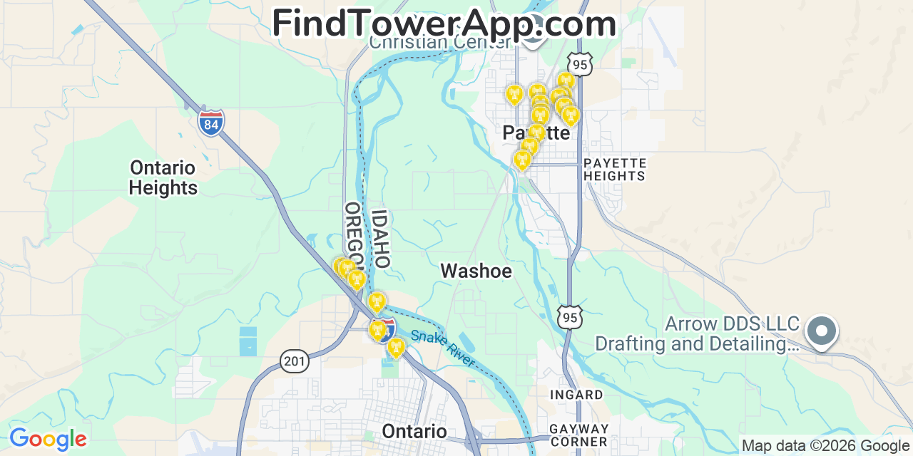 Map showing the 20 primary cell tower locations detected in Payette, Idaho from AT&T, Verizon, and T-Mobile networks