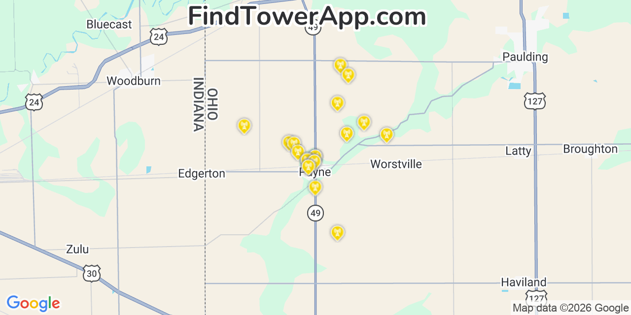 Map showing the 20 primary cell tower locations detected in Payne, Ohio from AT&T, Verizon, and T-Mobile networks