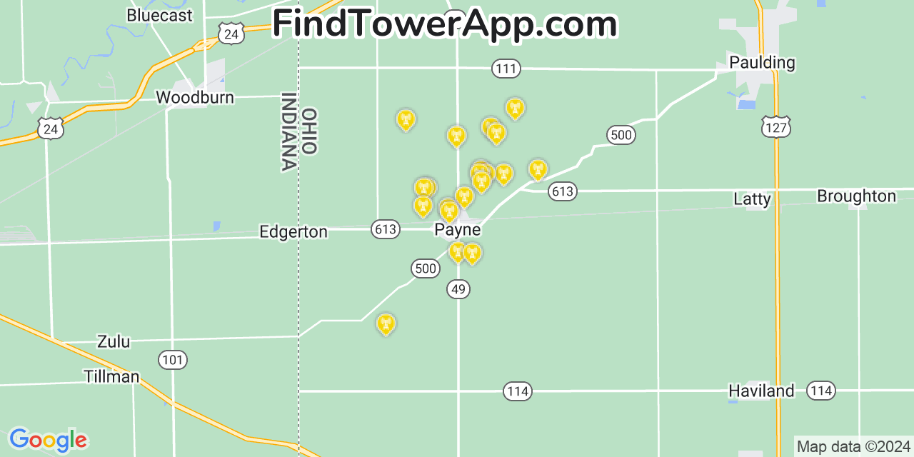 Verizon 4G/5G cell tower coverage map Payne, Ohio