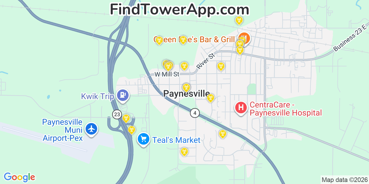 Map showing the 20 primary cell tower locations detected in Paynesville, Minnesota from AT&T, Verizon, and T-Mobile networks
