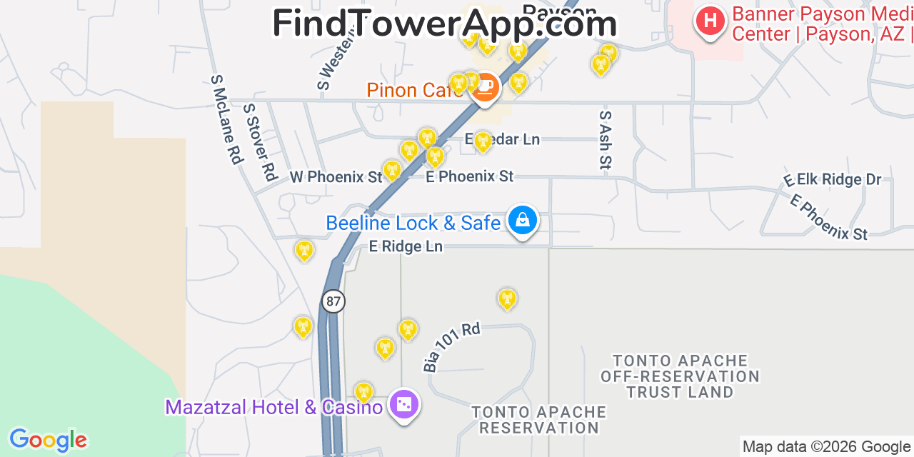 Map showing the 20 primary cell tower locations detected in Payson, Arizona from AT&T, Verizon, and T-Mobile networks