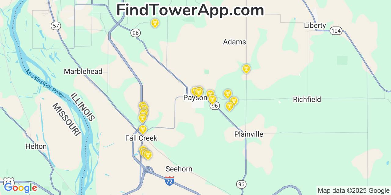 Map showing the 20 primary cell tower locations detected in Payson, Illinois from AT&T, Verizon, and T-Mobile networks