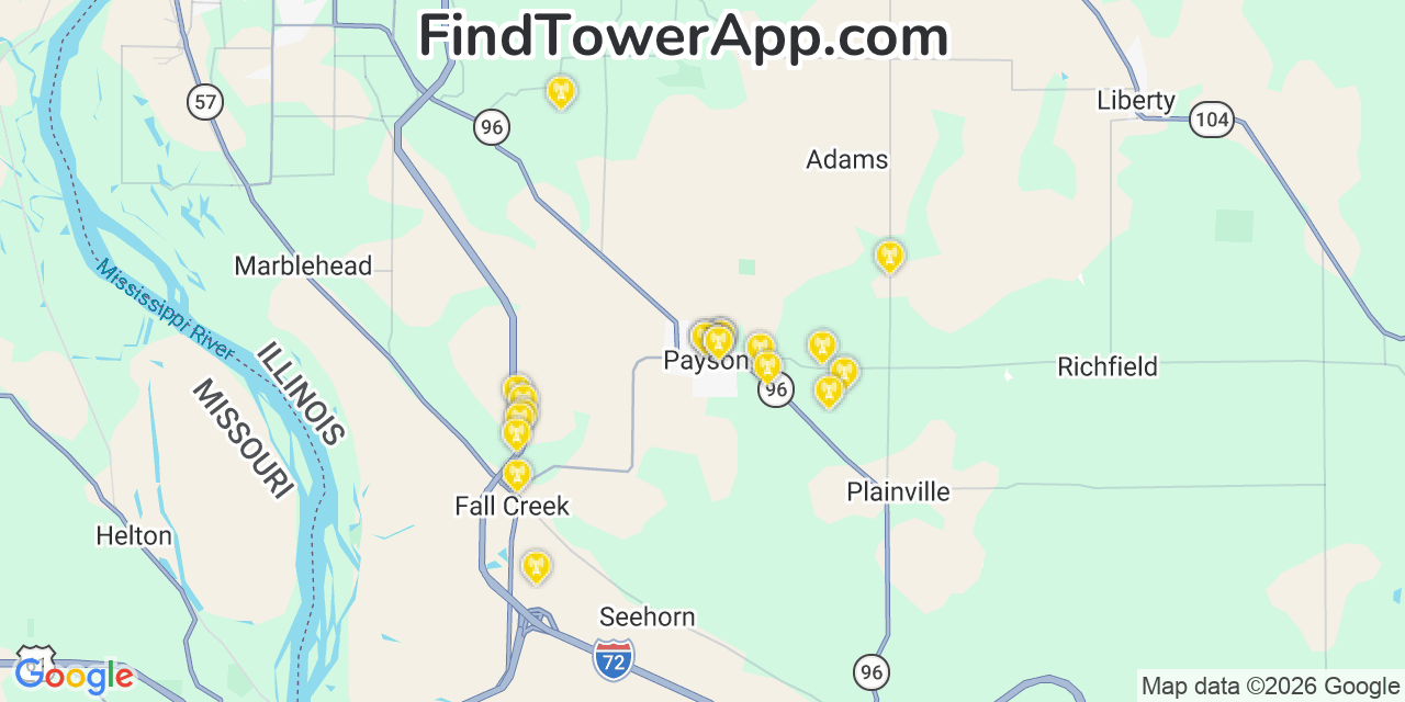 Map showing the 20 primary cell tower locations detected in Payson, Illinois from AT&T, Verizon, and T-Mobile networks