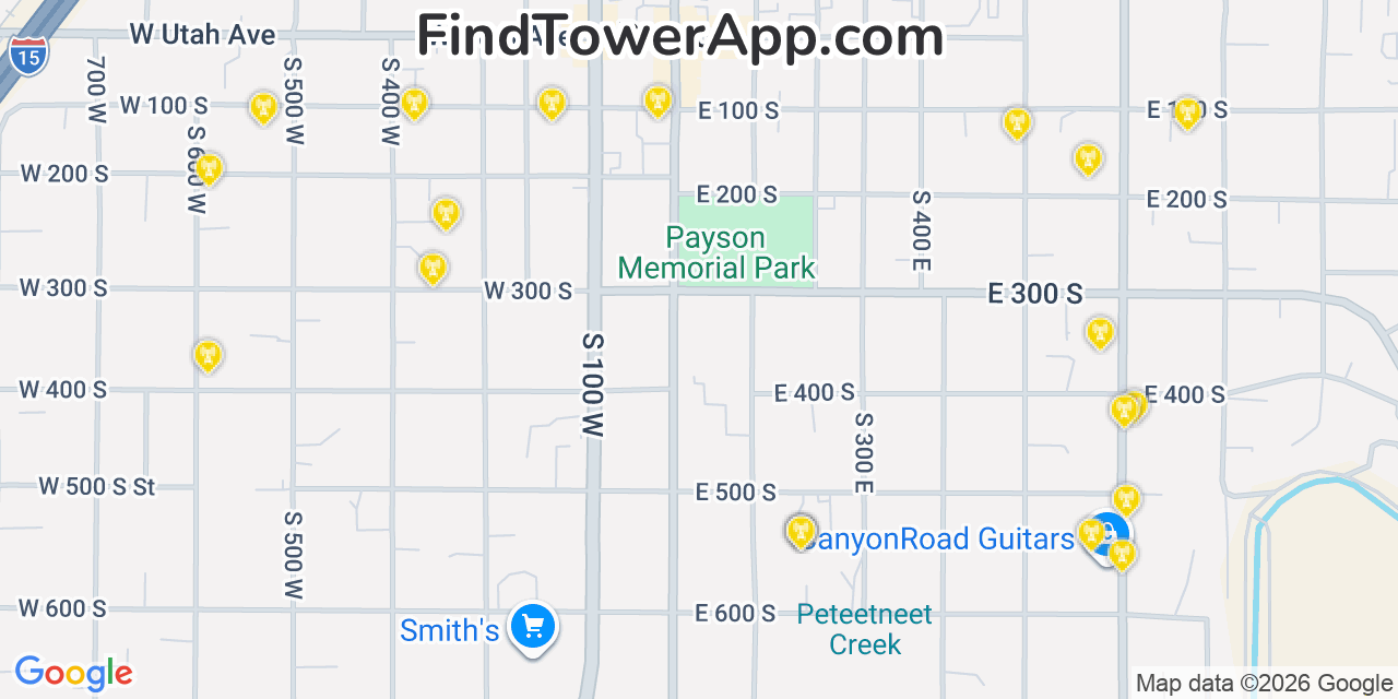 Map showing the 20 primary cell tower locations detected in Payson, Utah from AT&T, Verizon, and T-Mobile networks