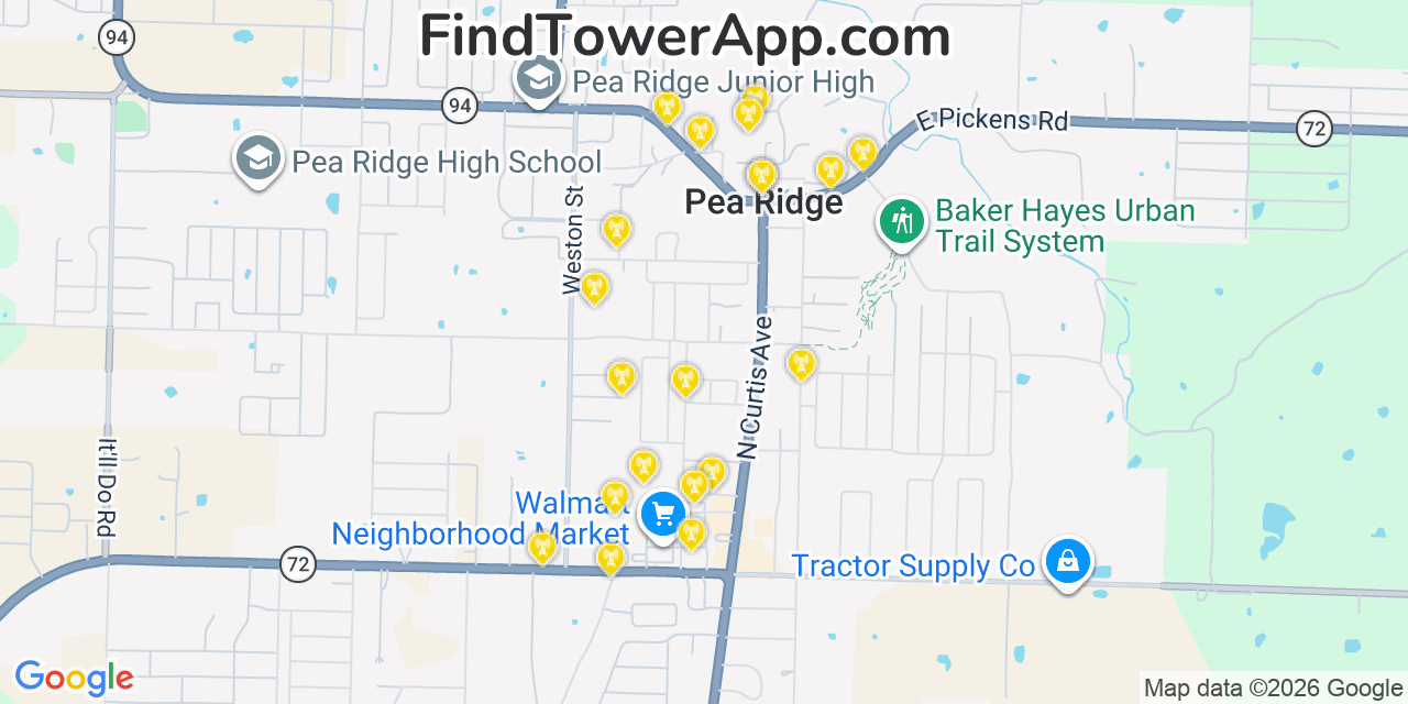 Map showing the 20 primary cell tower locations detected in Pea Ridge, Arkansas from AT&T, Verizon, and T-Mobile networks
