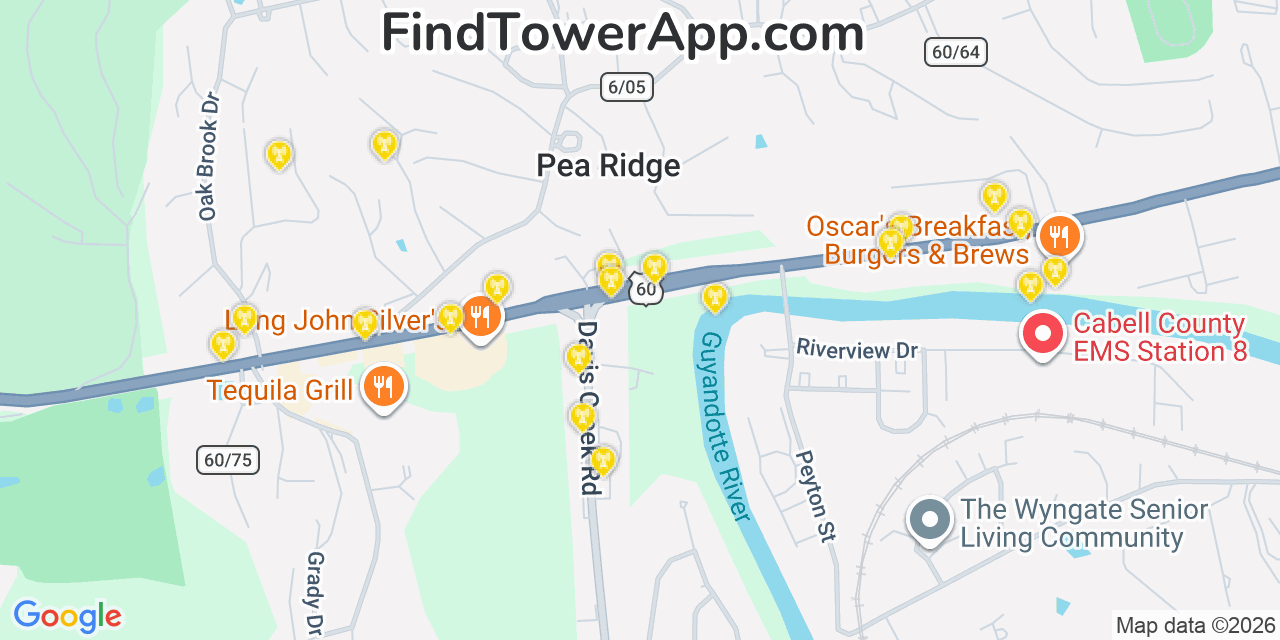 Map showing the 20 primary cell tower locations detected in Pea Ridge, West Virginia from AT&T, Verizon, and T-Mobile networks