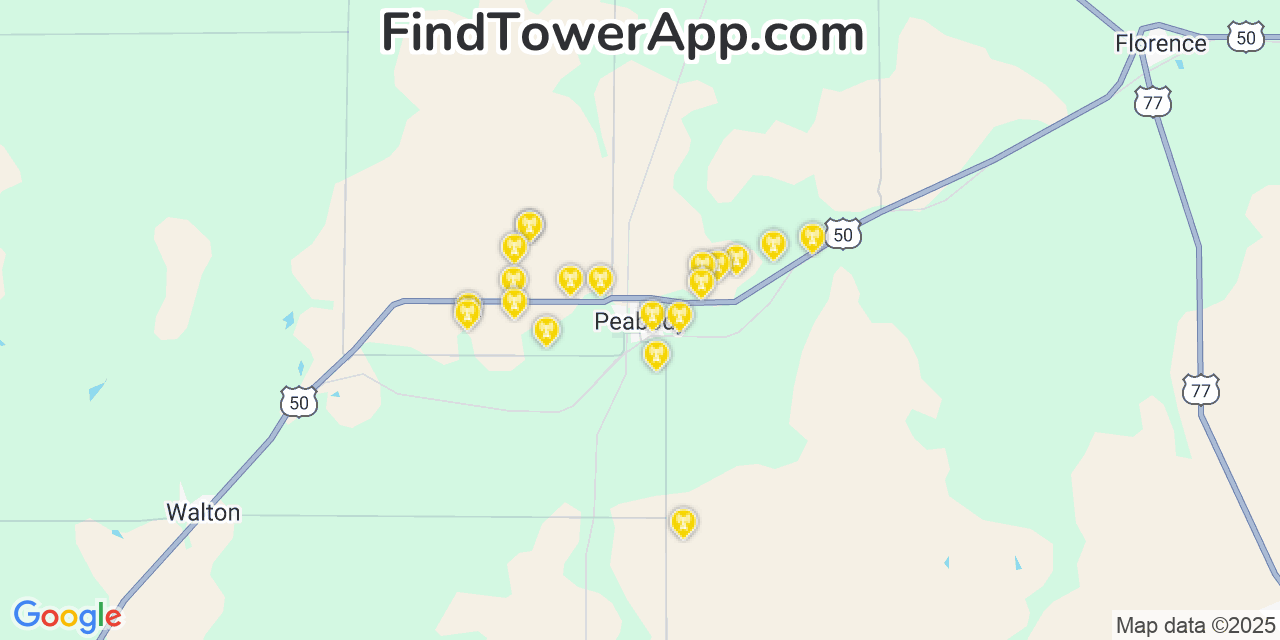 Map showing the 20 primary cell tower locations detected in Peabody, Kansas from AT&T, Verizon, and T-Mobile networks