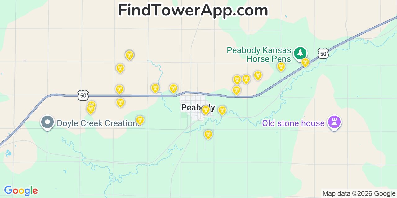 Map showing the 20 primary cell tower locations detected in Peabody, Kansas from AT&T, Verizon, and T-Mobile networks