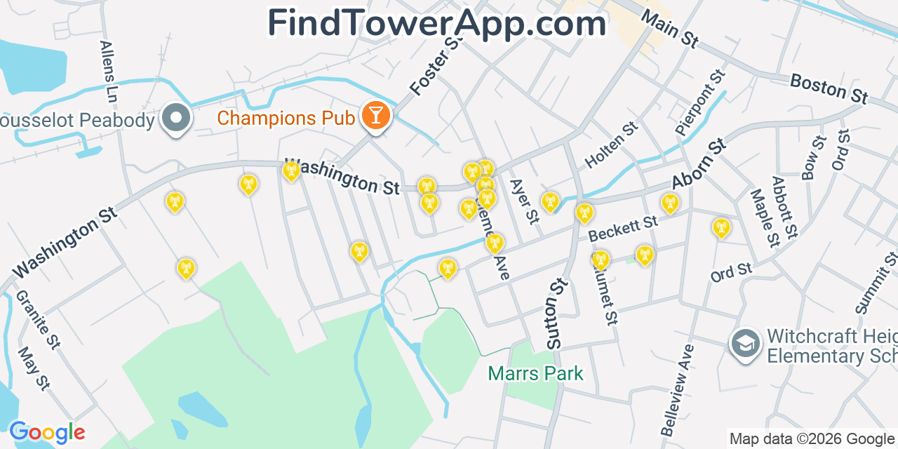 Map showing the 20 primary cell tower locations detected in Peabody, Massachusetts from AT&T, Verizon, and T-Mobile networks