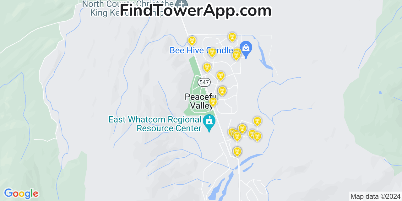 AT&T 4G/5G cell tower coverage map Peaceful Valley, Washington