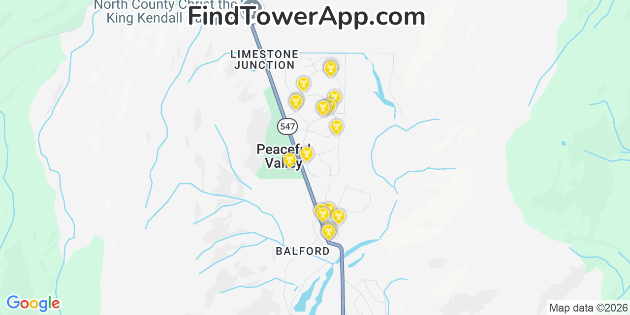Map showing the 20 primary cell tower locations detected in Peaceful Valley, Washington from AT&T, Verizon, and T-Mobile networks