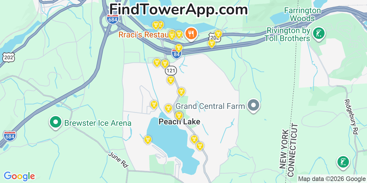 Map showing the 20 primary cell tower locations detected in Peach Lake, New York from AT&T, Verizon, and T-Mobile networks