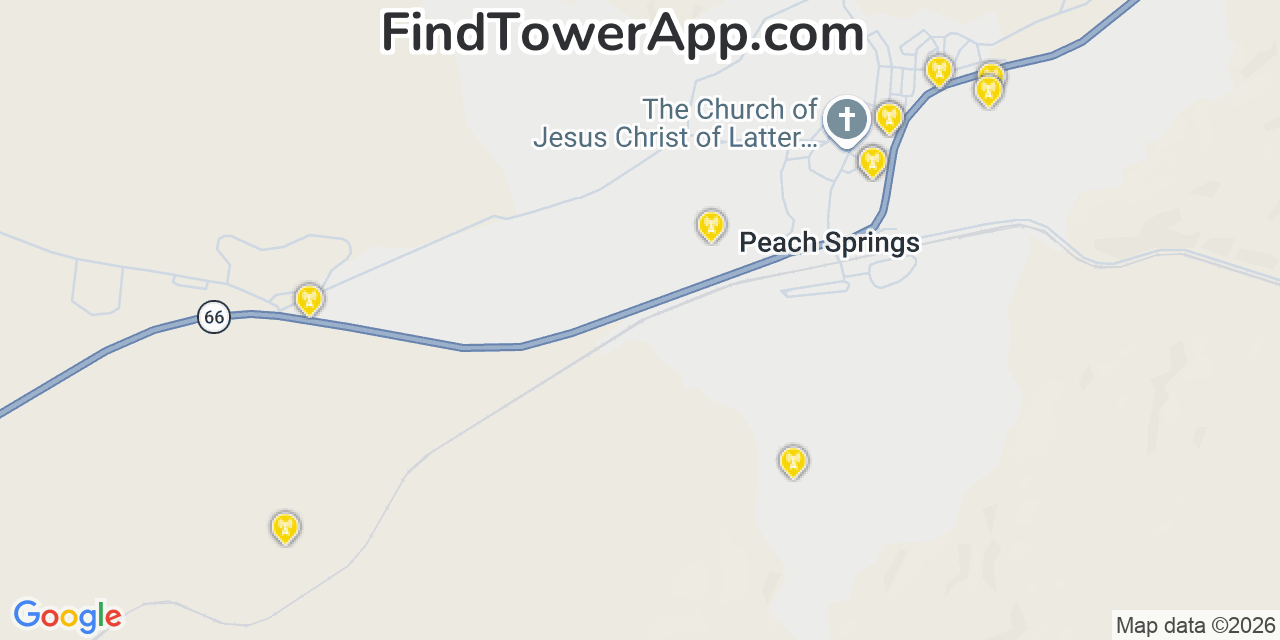 Map showing the 20 primary cell tower locations detected in Peach Springs, Arizona from AT&T, Verizon, and T-Mobile networks