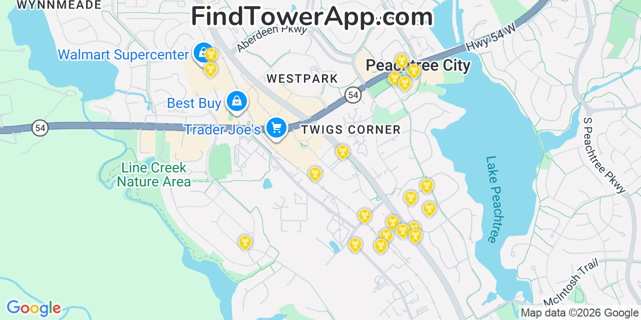 Map showing the 20 primary cell tower locations detected in Peachtree City, Georgia from AT&T, Verizon, and T-Mobile networks