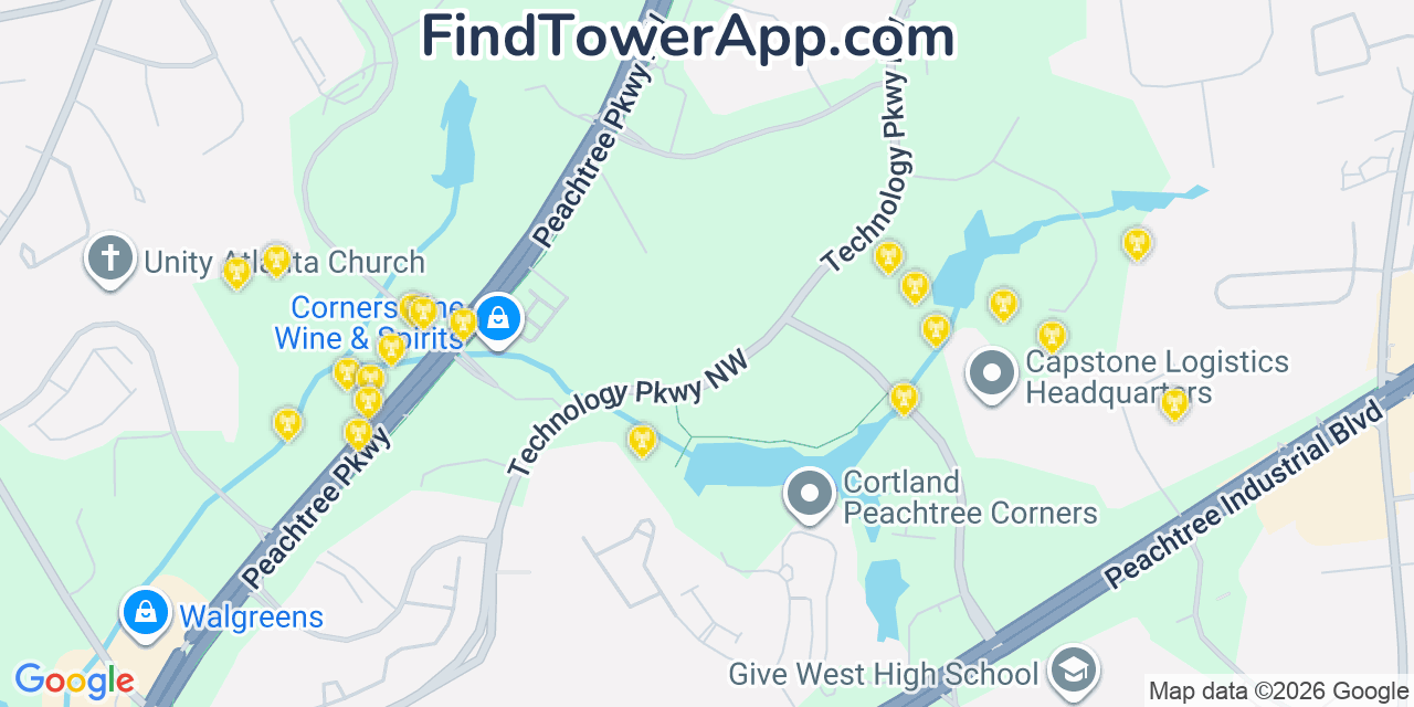 Map showing the 20 primary cell tower locations detected in Peachtree Corners, Georgia from AT&T, Verizon, and T-Mobile networks