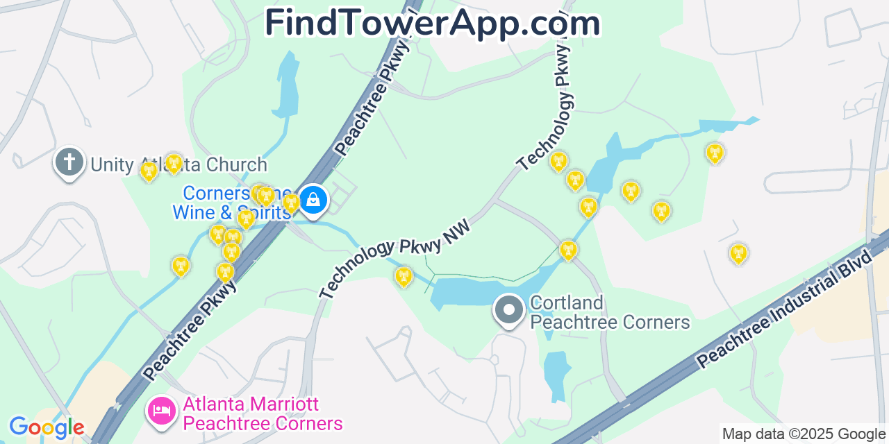 Map showing the 20 primary Mobitel cell tower locations detected in Peachtree Corners, Georgia with coverage radius and signal strength indicators