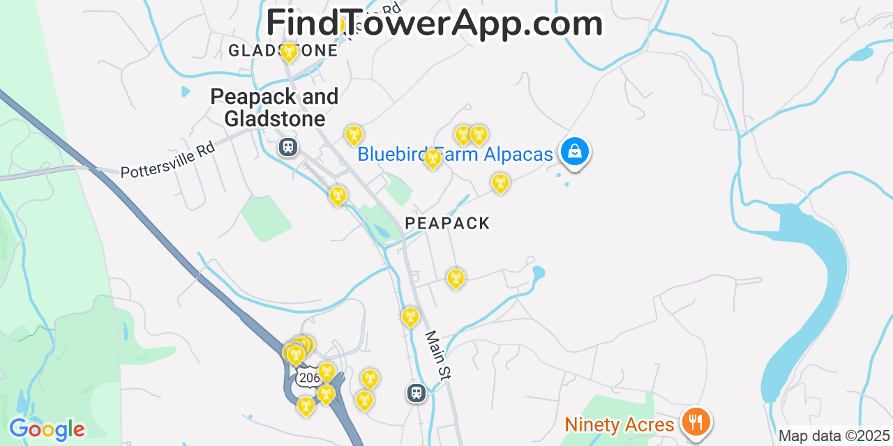 Map showing the 20 primary cell tower locations detected in Peapack, New Jersey from AT&T, Verizon, and T-Mobile networks