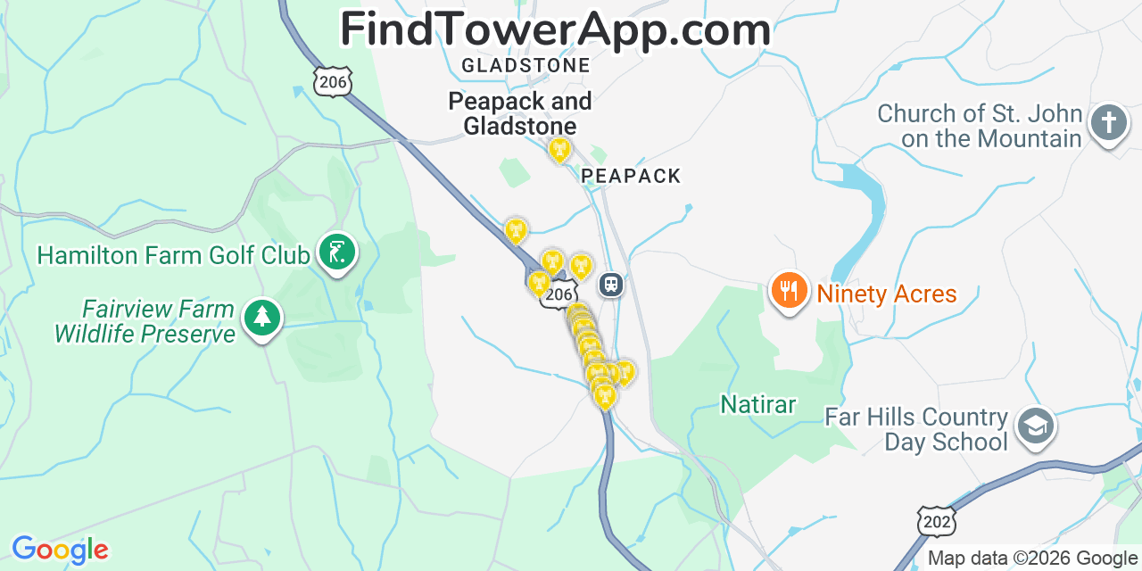 Map showing the 20 primary cell tower locations detected in Peapack, New Jersey from AT&T, Verizon, and T-Mobile networks