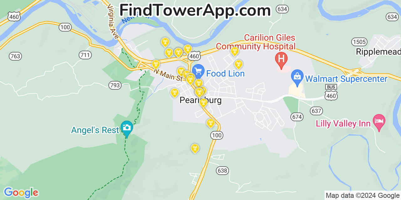 AT&T 4G/5G cell tower coverage map Pearisburg, Virginia