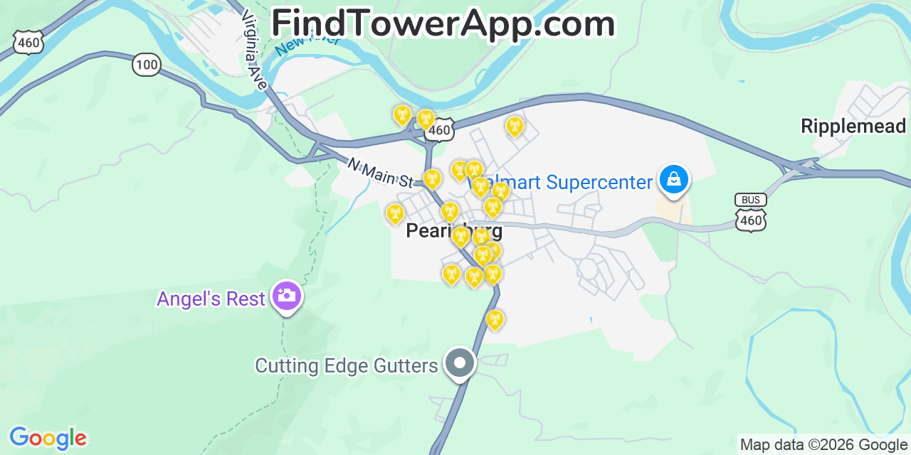 Map showing the 20 primary cell tower locations detected in Pearisburg, Virginia from AT&T, Verizon, and T-Mobile networks