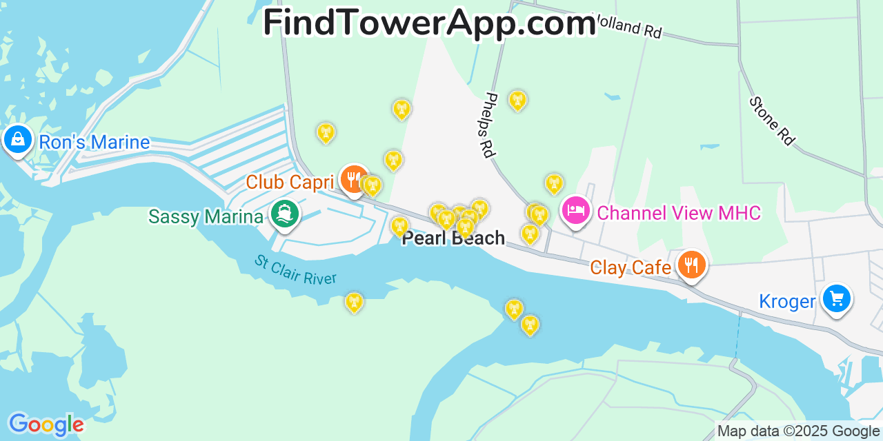 Map showing the 20 primary cell tower locations detected in Pearl Beach, Michigan from AT&T, Verizon, and T-Mobile networks