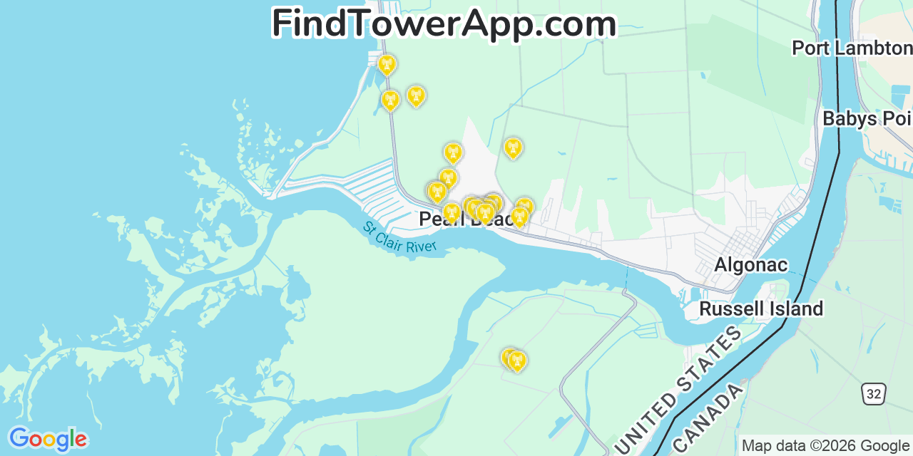 Map showing the 20 primary cell tower locations detected in Pearl Beach, Michigan from AT&T, Verizon, and T-Mobile networks