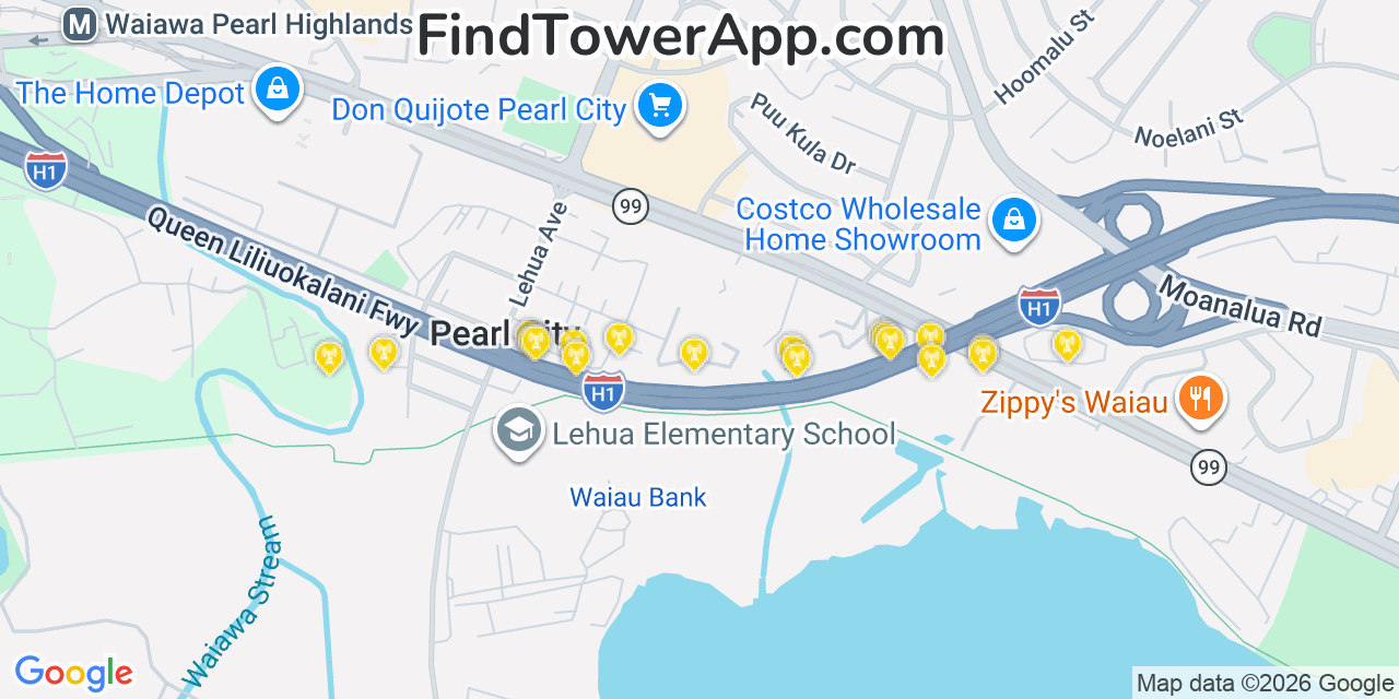 Map showing the 20 primary cell tower locations detected in Pearl City, Hawaii from AT&T, Verizon, and T-Mobile networks