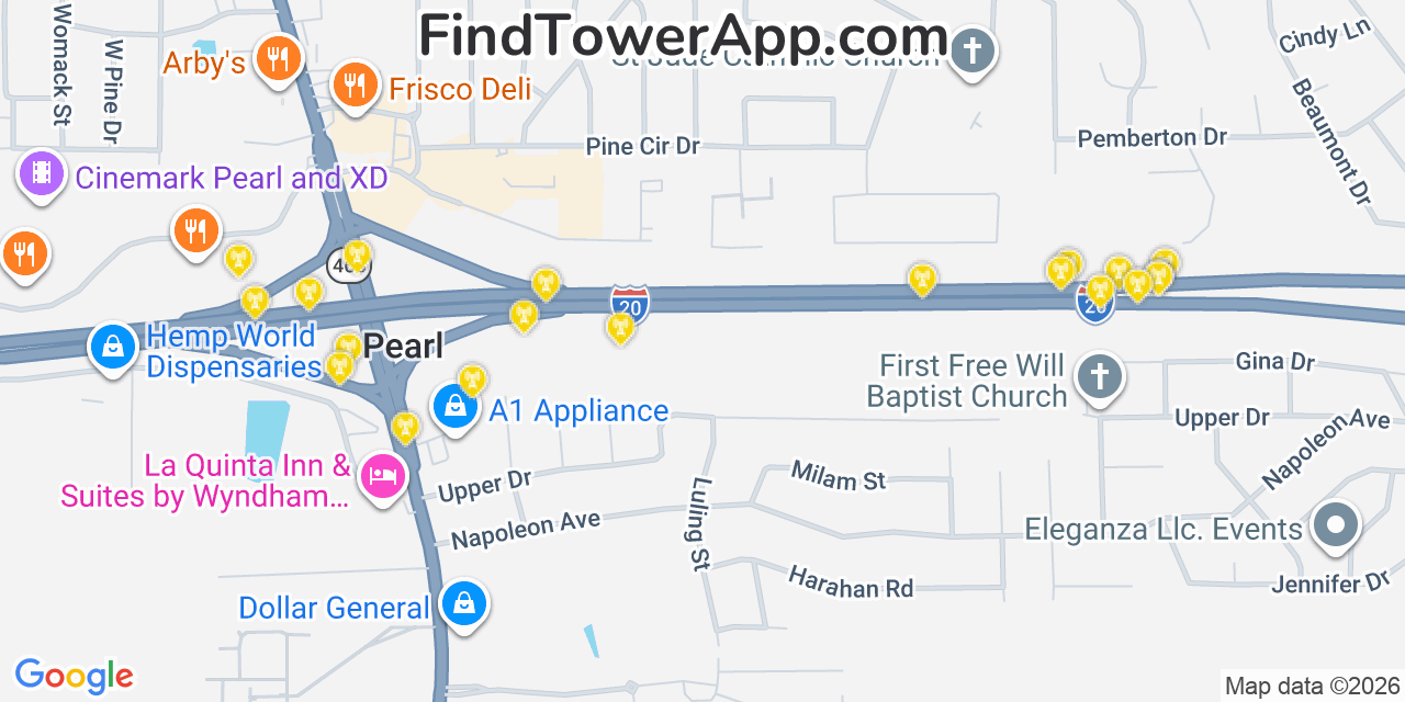 Map showing the 20 primary cell tower locations detected in Pearl, Mississippi from AT&T, Verizon, and T-Mobile networks