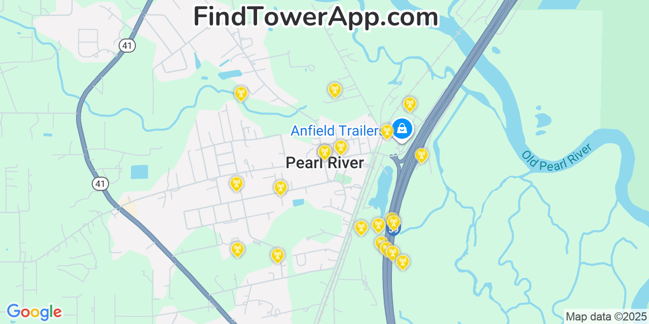 Map showing the 20 primary cell tower locations detected in Pearl River, Louisiana from AT&T, Verizon, and T-Mobile networks