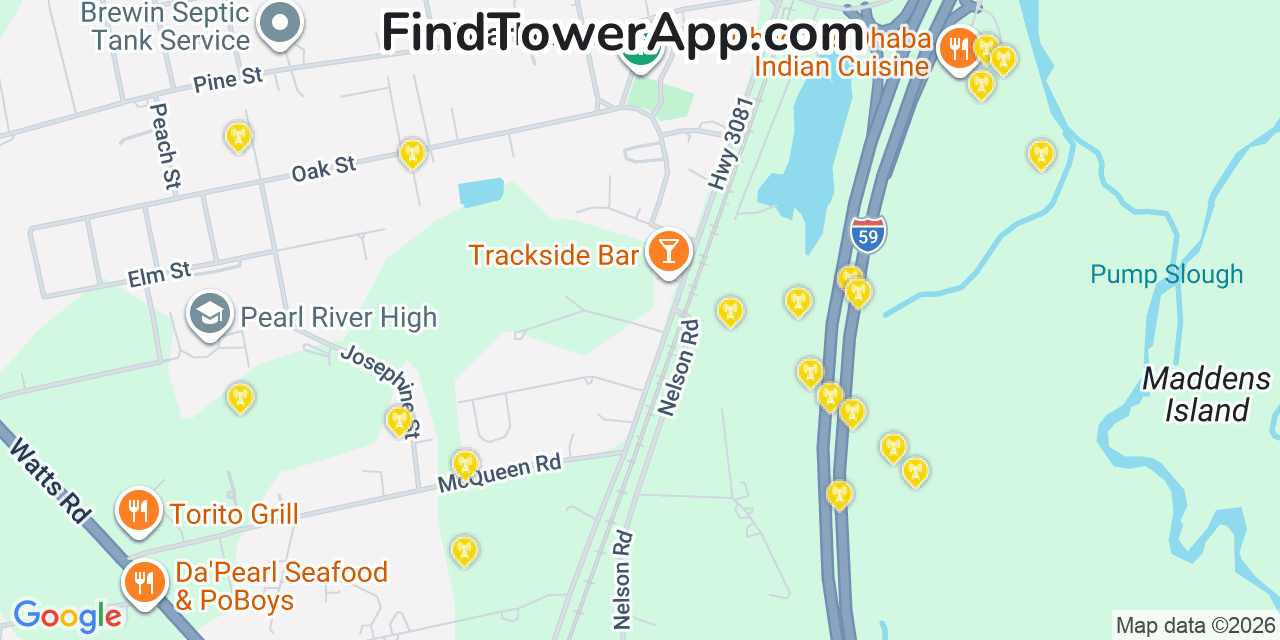 Map showing the 20 primary cell tower locations detected in Pearl River, Louisiana from AT&T, Verizon, and T-Mobile networks