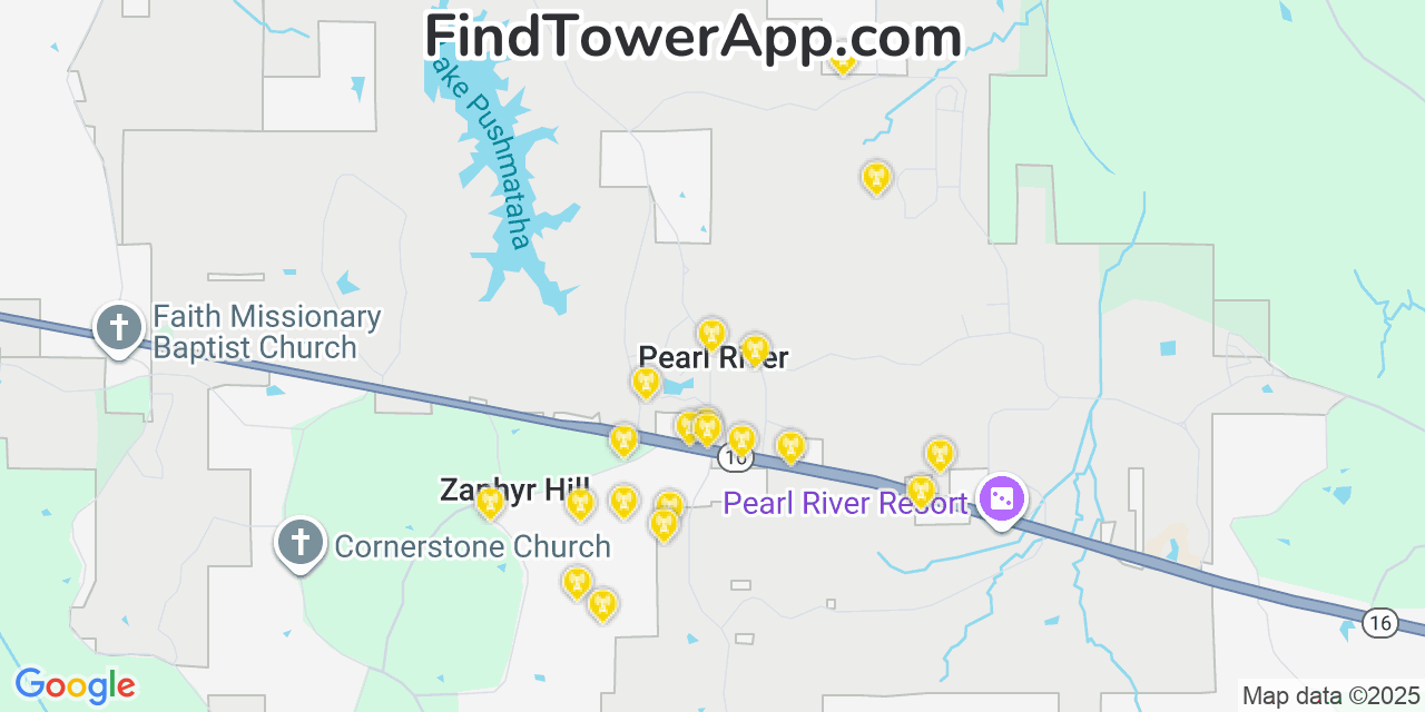 Map showing the 20 primary cell tower locations detected in Pearl River, Mississippi from AT&T, Verizon, and T-Mobile networks