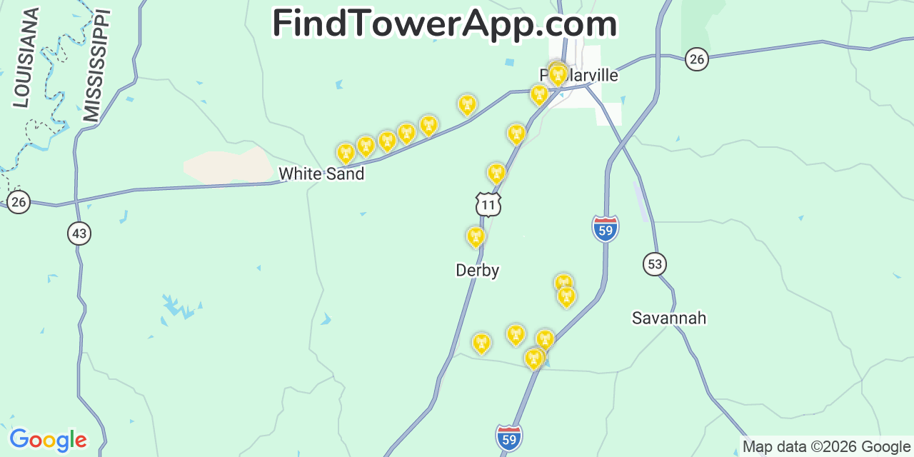 Map showing the 20 primary cell tower locations detected in Pearl River, Mississippi from AT&T, Verizon, and T-Mobile networks