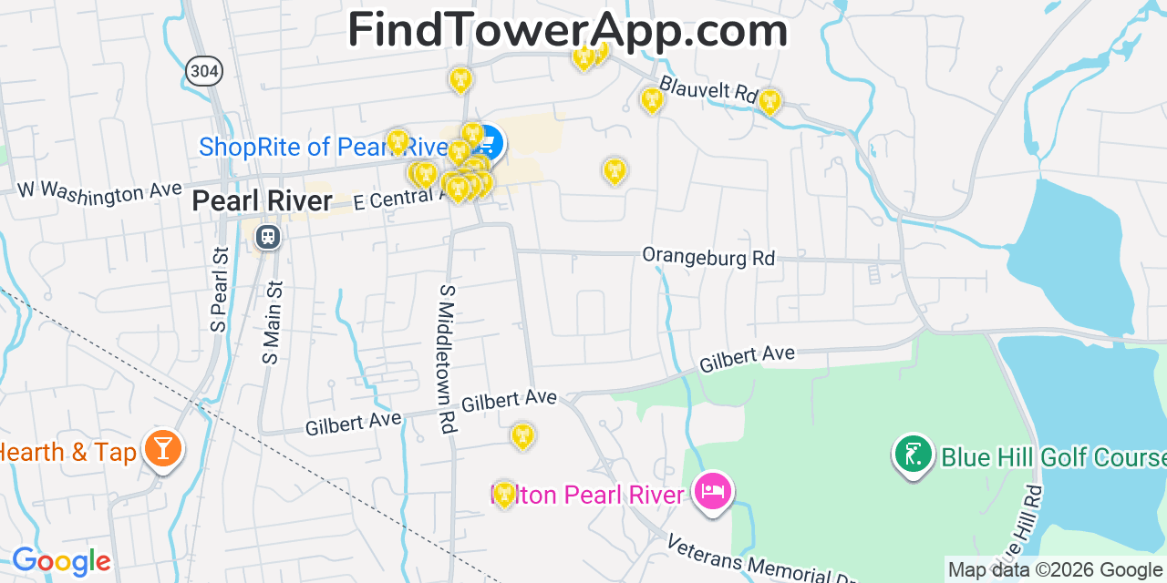 Map showing the 20 primary cell tower locations detected in Pearl River, New York from AT&T, Verizon, and T-Mobile networks
