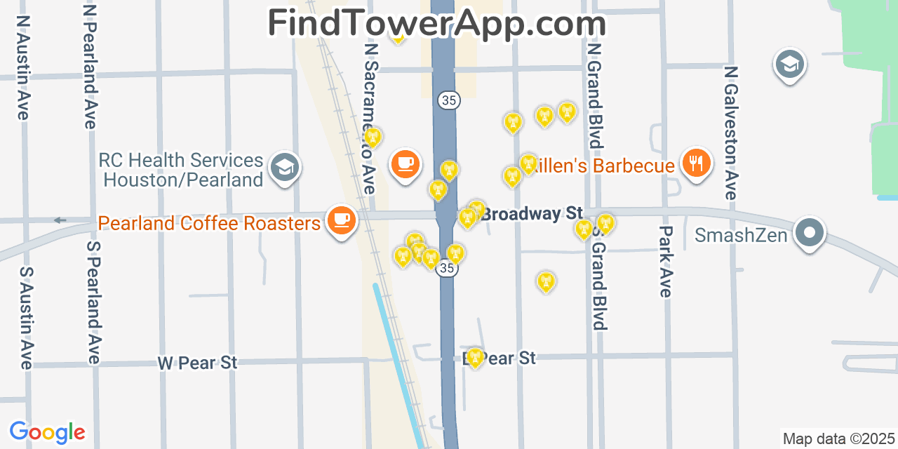 Map showing the 20 primary cell tower locations detected in Pearland, Texas from AT&T, Verizon, and T-Mobile networks