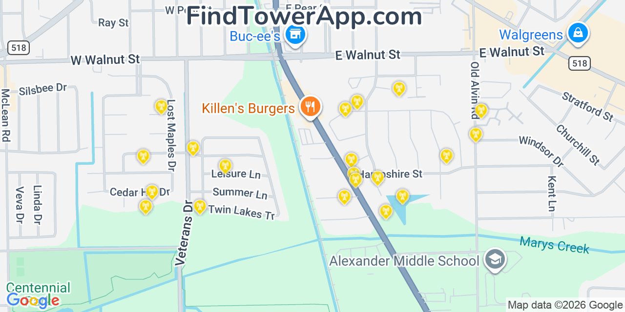 Map showing the 20 primary cell tower locations detected in Pearland, Texas from AT&T, Verizon, and T-Mobile networks