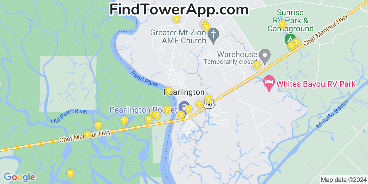 AT&T 4G/5G cell tower coverage map Pearlington, Mississippi