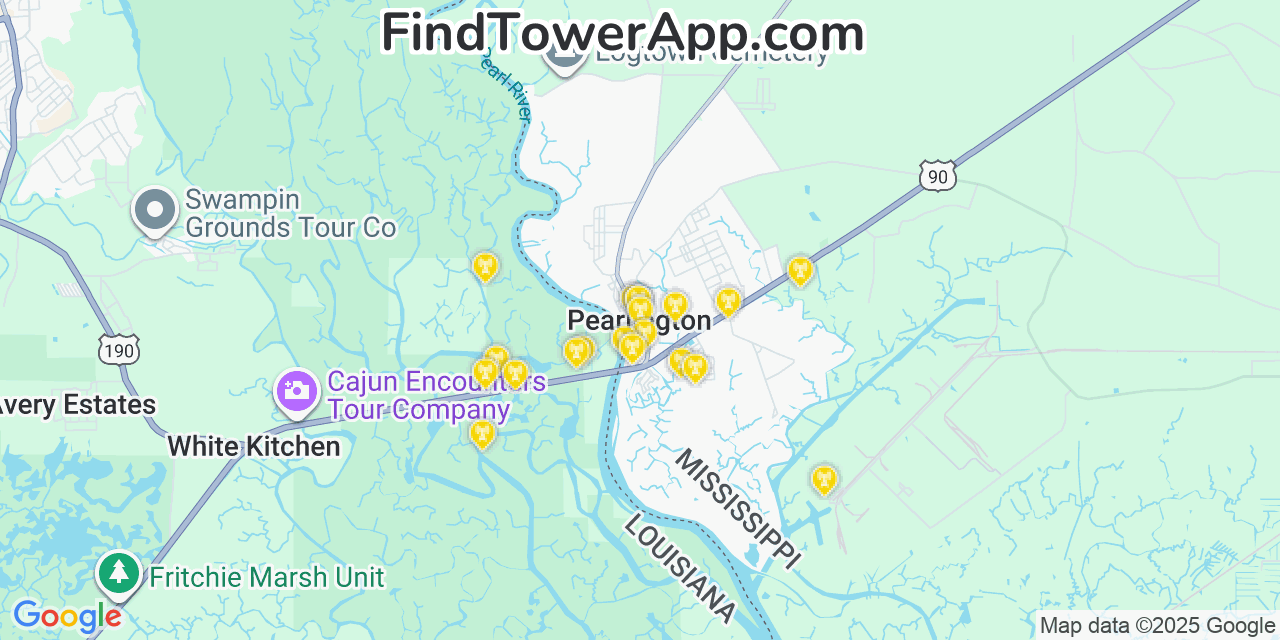 Map showing the 20 primary cell tower locations detected in Pearlington, Mississippi from AT&T, Verizon, and T-Mobile networks