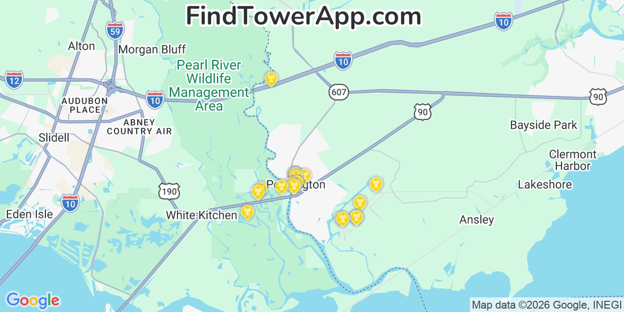 Map showing the 20 primary cell tower locations detected in Pearlington, Mississippi from AT&T, Verizon, and T-Mobile networks