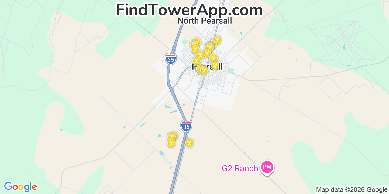 Map showing the 20 primary cell tower locations detected in Pearsall, Texas from AT&T, Verizon, and T-Mobile networks