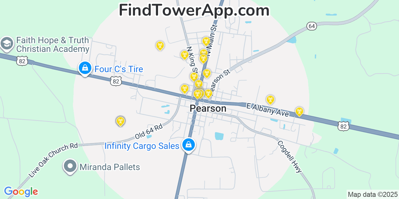 Map showing the 20 primary cell tower locations detected in Pearson, Georgia from AT&T, Verizon, and T-Mobile networks