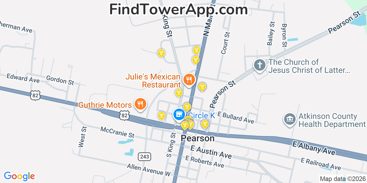 Map showing the 20 primary cell tower locations detected in Pearson, Georgia from AT&T, Verizon, and T-Mobile networks