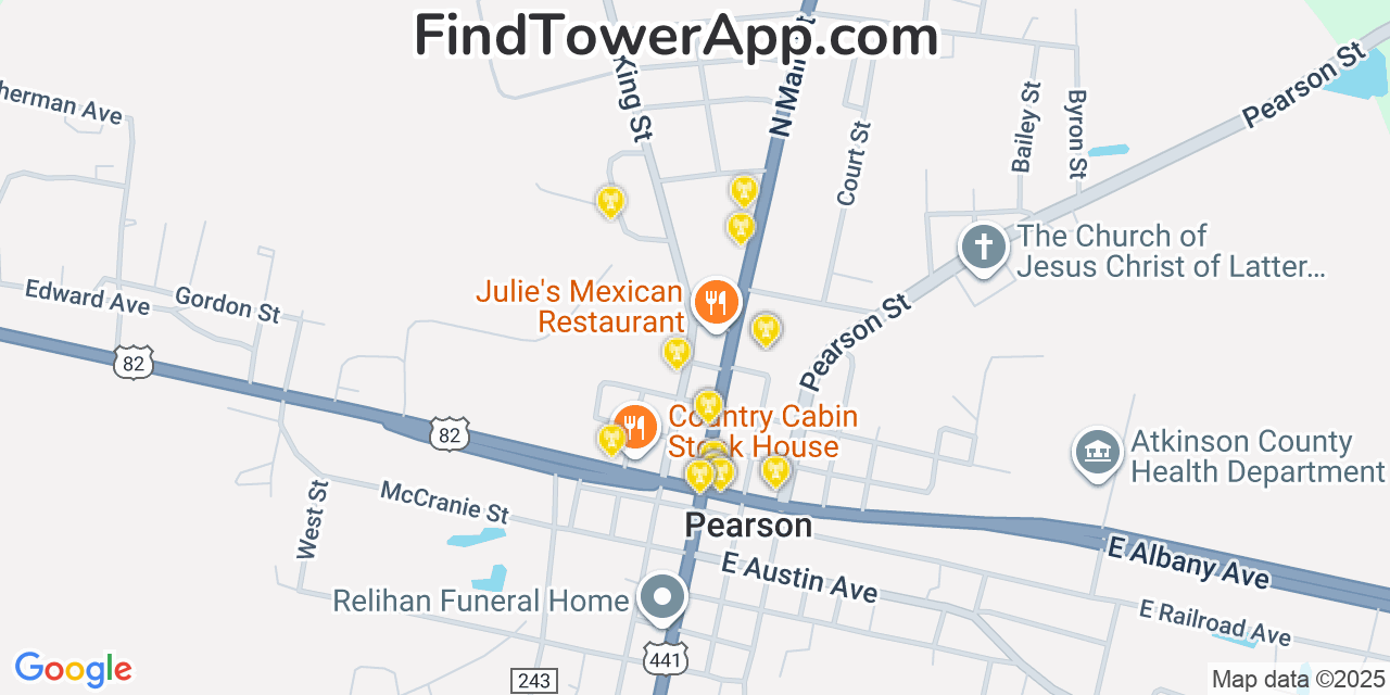 Map showing the 20 primary Mobitel cell tower locations detected in Pearson, Georgia with coverage radius and signal strength indicators