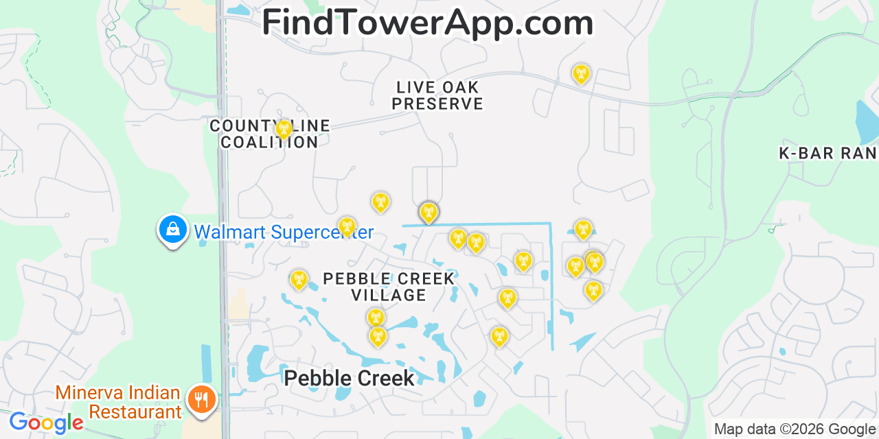Map showing the 20 primary cell tower locations detected in Pebble Creek, Florida from AT&T, Verizon, and T-Mobile networks